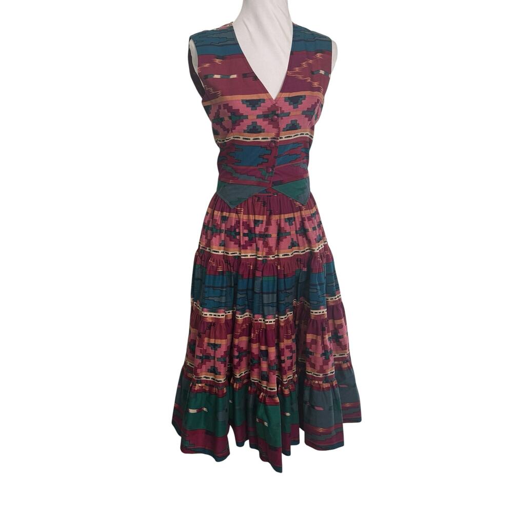Vintage 80s Southwestern Square Dance Set XXS Boho Western Skirt Vest - Picture 2 of 7
